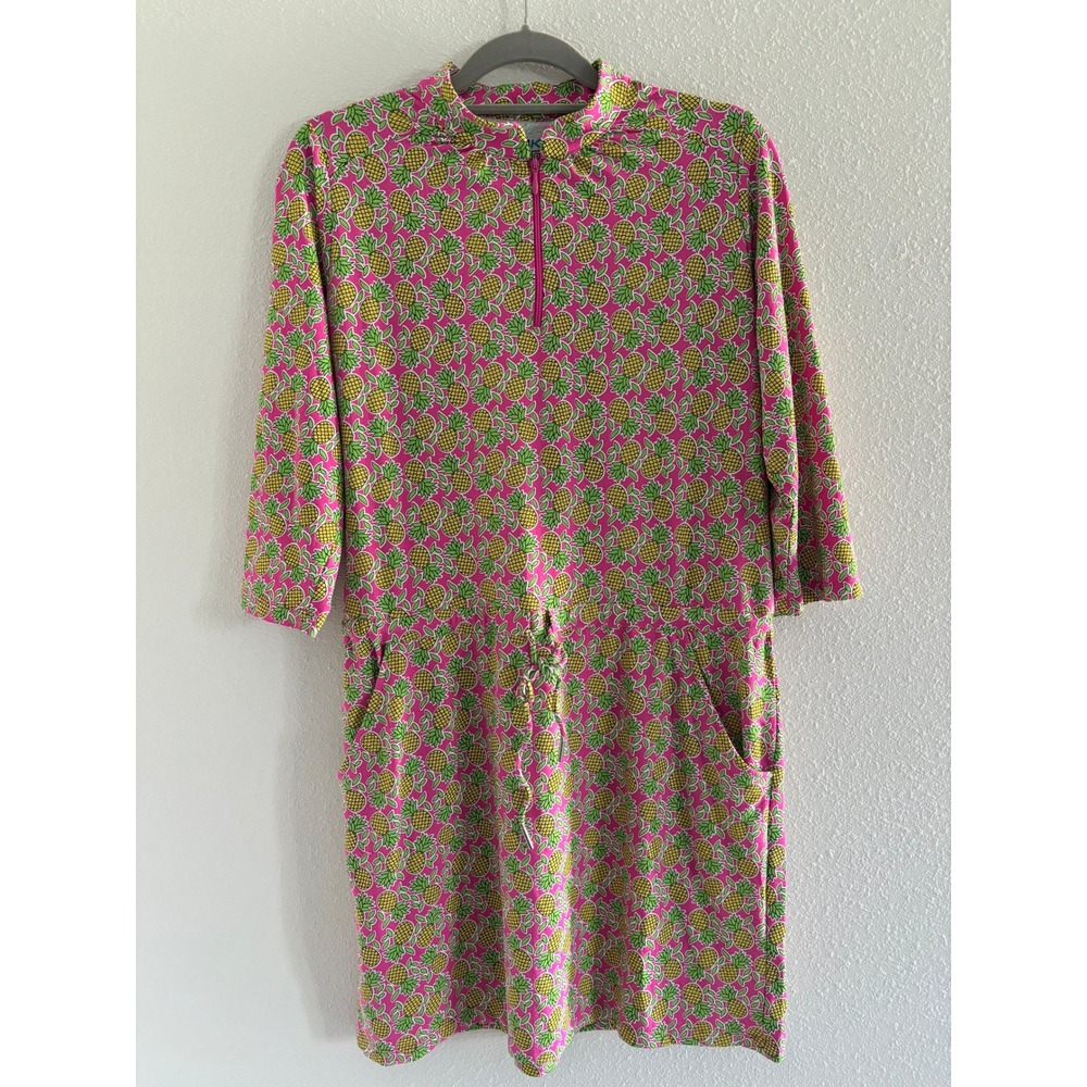 Ibkul Dress Medium Pink Pineapple 3/4‎ Sleeve Mock Neck Stretch Golf Tennis UPF - Picture 2 of 5